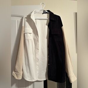 Two-Tone Corduroy Button-Up Shirt Jacket — Black, White & Beige